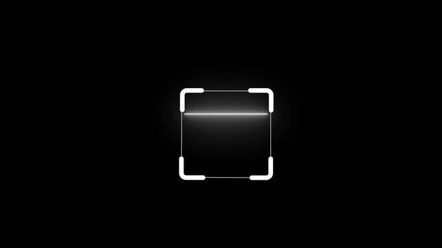 Animated neon scanner icon isolated on black background with glowing scan.