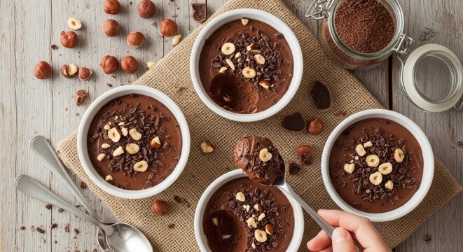 Four rich chocolate mousse desserts topped with chopped hazelnuts and chocolate shavings served on a rustic burlap cloth.