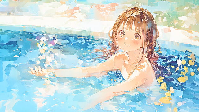 プールで遊ぶ。水彩画。女の子。イラスト。かわいい。