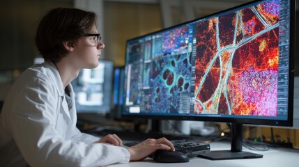 Naklejka premium A researcher in a lab using a powerful computer for scientific simulations, with scientific computing software on the screen.