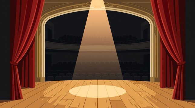Empty Theater Stage with Single Spotlight Circle Red Velvet Curtains Grand Proscenium Arch and Dark Auditorium Performing Arts Flat Illustration Background with Copy Space
