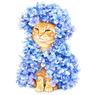 Cute Orange Tabby Cat Wearing a White Blossom Flower Crown and Floral Cloak Illustration Isolated on White Background