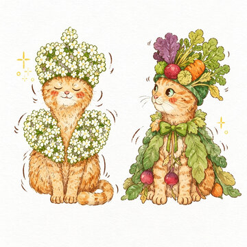 Cute Orange Tabby Cat Wearing a White Blossom Flower Crown and Floral Cloak Illustration Isolated on White Background