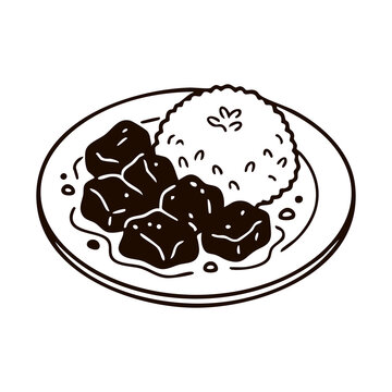Traditional Indonesian beef rendang with rice plate hand drawn vector icon illustration for authentic Asian culinary menu layouts