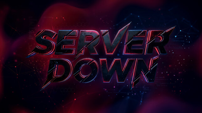 Server down text with a glitch effect and dark red and black digital background.