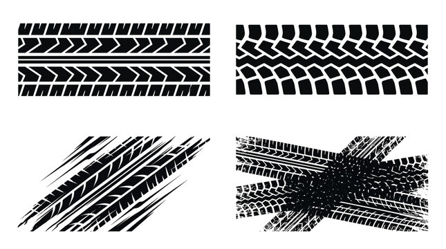 Black tire tracks collection. Car tread marks set. Automotive design.