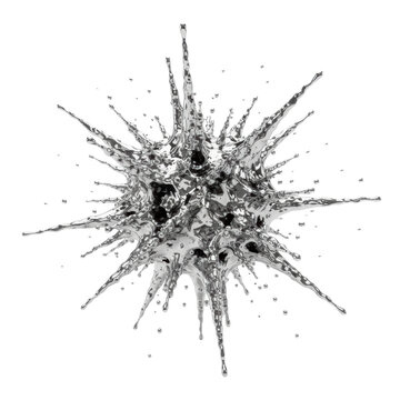 A massive, hyper-detailed abstract sculpture of reflective liquid chrome exploding, with spherical droplets scattering in a zero-gravity white studio, copy space, concept of fluid dynamics and power