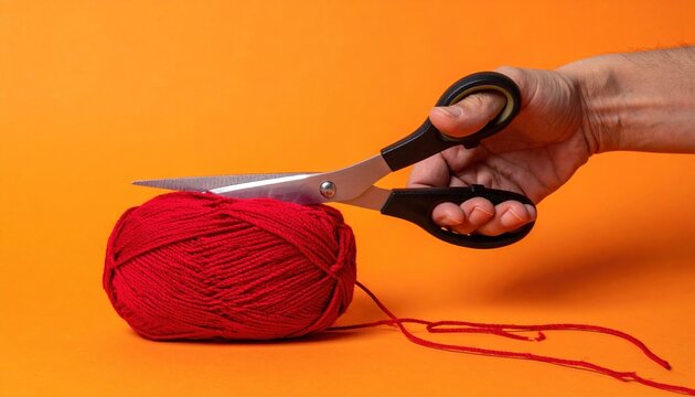 Hand cutting bright red yarn with sharp tailoring scissors on an orange background