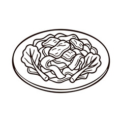 Obraz premium Stir fried flat rice noodles with beef and vegetables plate hand drawn vector icon illustration for designing authentic Asian restaurant menus