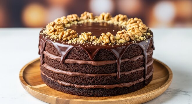 Rich dark chocolate layer cake topped with crushed walnuts and smooth ganache frosting on a rustic wooden plate with a cozy soft background, chocolate, aroma, icing