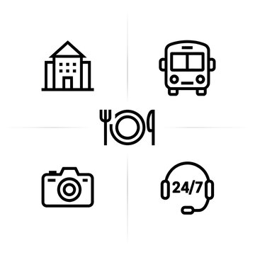 Set of hotel and resort service pictograms for travel websites with set black line icons representing hotel amenities services accommodation