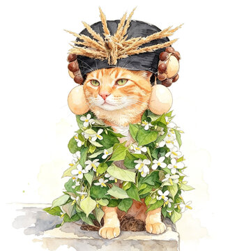 Cute Orange Tabby Cat Wearing a White Blossom Flower Crown and Floral Cloak Illustration Isolated on White Background