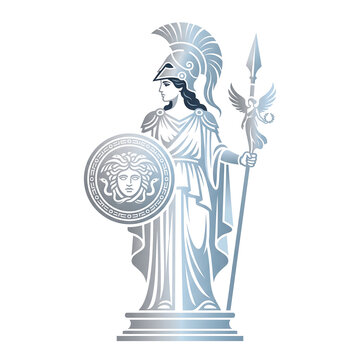 Stylized Vector Illustration of Goddess Athena with Shield and Helmet