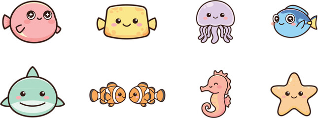 Cute Kawaii Sea Creatures And Fish Cartoon Vector Vector Set © Hossain