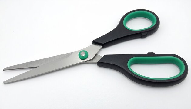 black scissors with green handles on white background