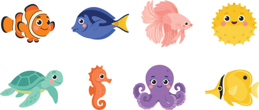 Cute sea animals and tropical fish vector illustration character set