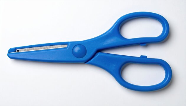 Blue plastic childrens scissors on white background