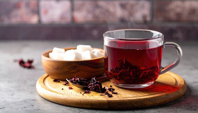 Hibiscus tea cup: Close-up of a hot cup of ruby-red hibiscus tea with a spoon, wooden coaster, and sugar in a kitchen.