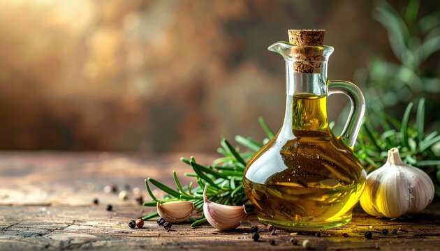 Olive oil bottle with garlic and rosemary