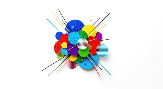 A vibrant and whimsical collage of multi-colored circles and intersecting lines artfully arranged on a clean white background for design, multicolored, element, decor