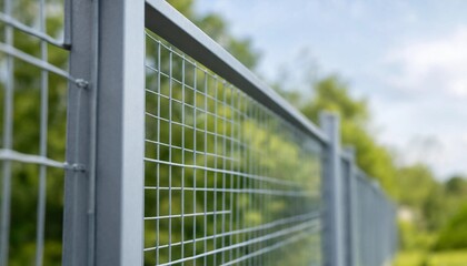 Fototapeta premium Close-up of a modern grey metal mesh fence with selective focus on a blurred green nature background.