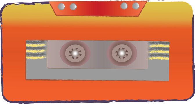 Vibrant orange cassette tape with retro design. Metal spools and grooves are clearly visible. Soft sketch style with hand-drawn edges. Perfect for vintage tech or nostalgia themes