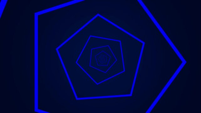 Blue neon pentagon tunnel animation, hypnotic geometric motion background, digital abstract technology loop