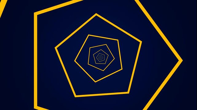 Abstract yellow pentagonal tunnel motion background, infinite geometric shape loop animation for digital presentations