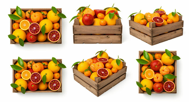 Variety of citrus fruits like oranges and blood oranges in a wooden crate. Assorted fresh harvest shown from multiple angles isolated on white. Healthy organic food concept for grocery marketing.