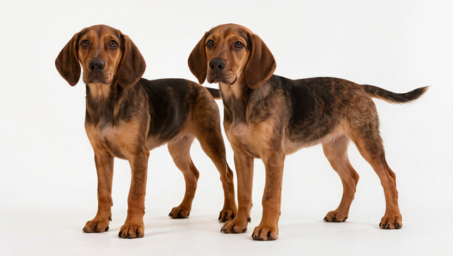 Two Plott Hound dogs with brindle coats on white studio background