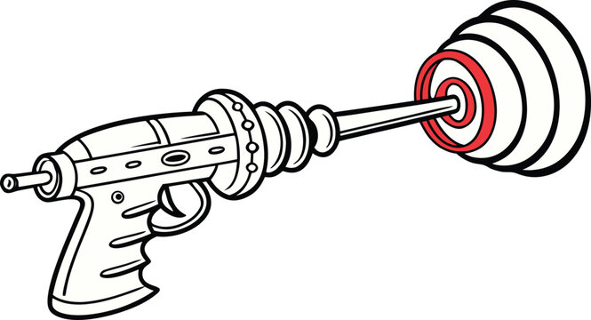 Retro futuristic ray gun vector illustration, vintage sci-fi laser pistol with red accents, classic space blaster weapon icon for gaming and comics
