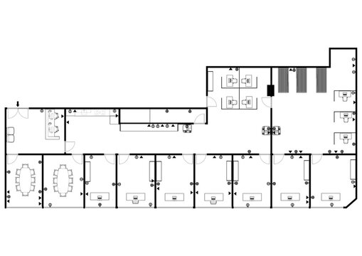 Detailed architectural floor plan of a modern corporate office level. The layout features an open-space work area with ergonomic desks, executive private offices, a spacious conference room.