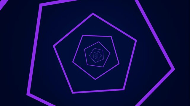 Neon purple pentagonal tunnel motion background, hypnotic geometric infinite zoom loop for digital and presentations