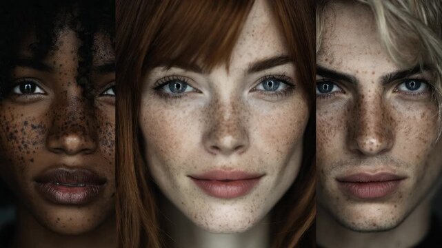 Extreme close-up of three diverse people with freckles smiling and opening their eyes