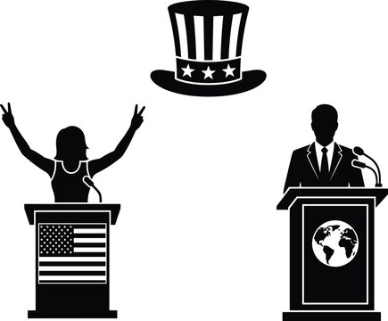 Political debate vector silhouette set with male and female candidates at podium stands and Uncle Sam hat icon
