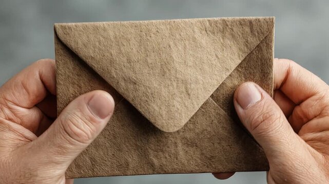 Close-up of male hands slowly opening a brown craft paper envelope on a gray background