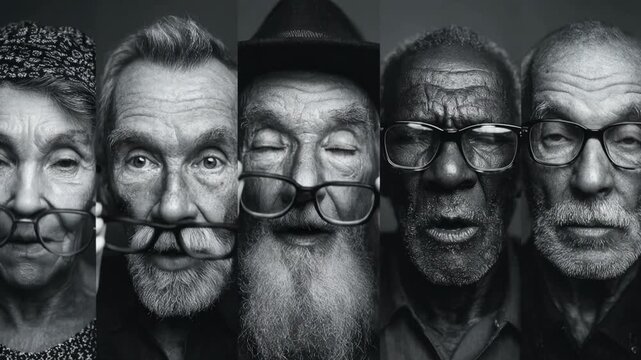 Multiethnic group of senior people making different funny facial expressions in a black and white video