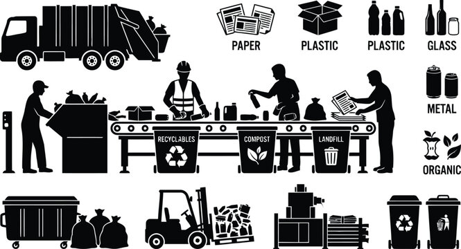 Recycling center sorting waste materials process