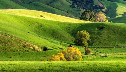 Obraz premium Rolling green hills bathed in sunlight, some with small cave-like structures