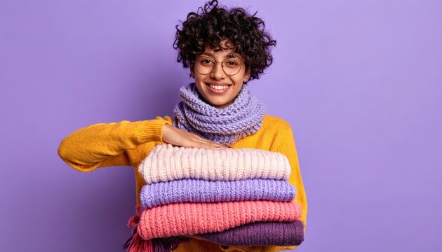 Person holding a stack of folded knitted sweaters and scarves on purple backgroundPerson holding a stack of folded knitted sweaters and scarves on purple background