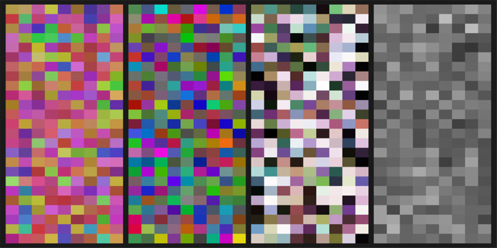 Abstract colorful pixel grid palette set with grayscale mosaic vector background