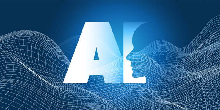 Dark Blue AI, MI, Machine Learning and Future Technology Concept Design with Bold Letters of the Artificial Intelligence Acronym Symbol, Label with Humanoid Robot Face Profile in the Typography