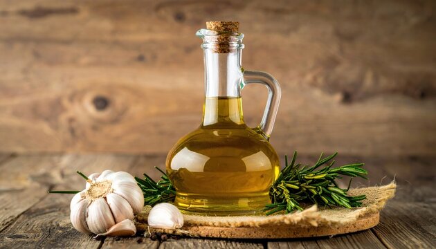 Olive oil bottle with garlic and rosemary