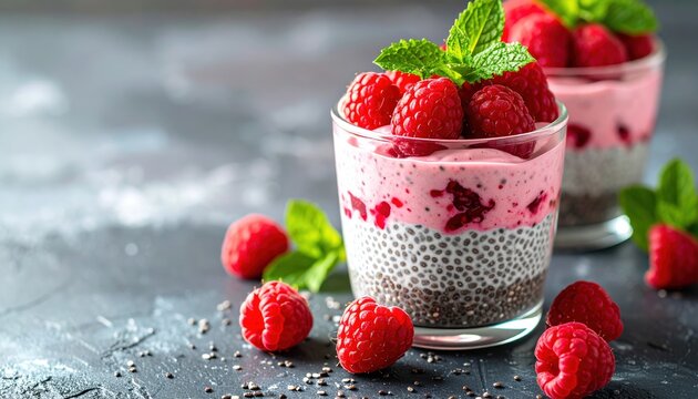Chia seed pudding topped with fresh raspberries and mint in a glass cup