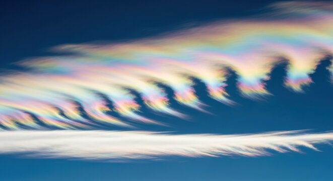 Iridescent Clouds Displaying Rainbow Hues in Upper Atmosphere