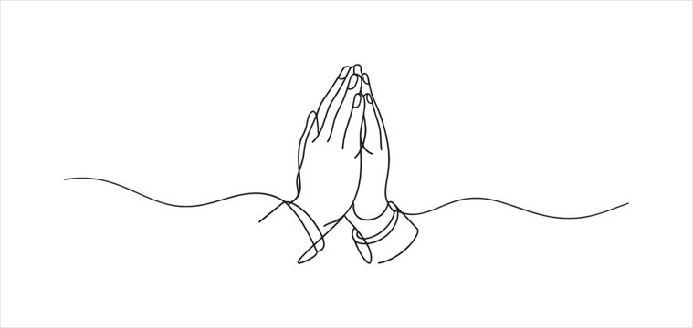 Continuous line drawing of praying hands showing spiritual gesture design for peaceful meditation art vector illustration.