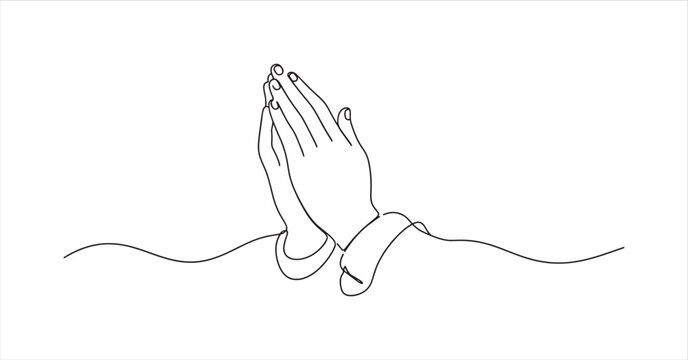 Minimalist continuous line art of praying hands showing spiritual gesture for meditation and peaceful religious design.