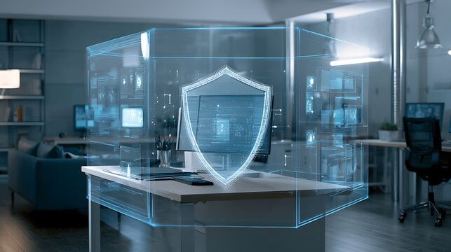 Holographic cybersecurity shield protecting digital data in a modern office environment