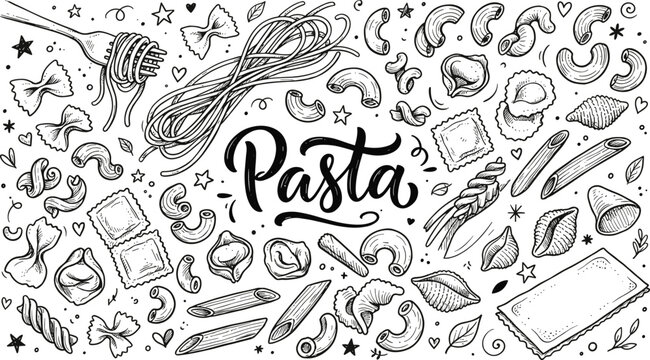 Hand drawn Italian pasta varieties vector collection featuring spaghetti farfalle penne ravioli macaroni and typography isolated on white background