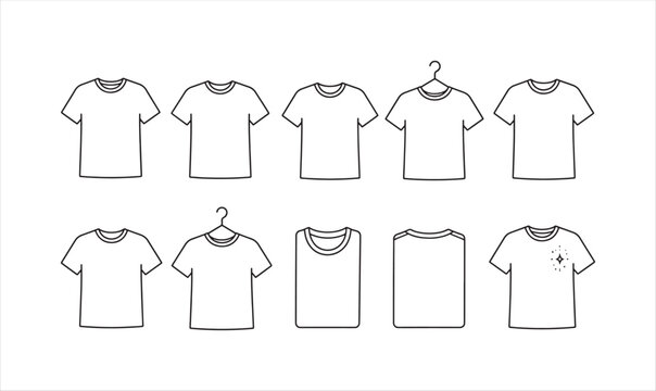 Tshirt outline icon collection featuring various folded hanging and flat clothing styles for apparel store design needs.